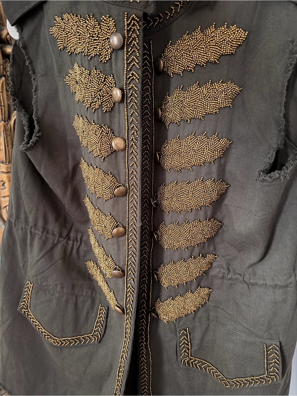 Zara Olive Green Military Embroidered Sleeveless Coat